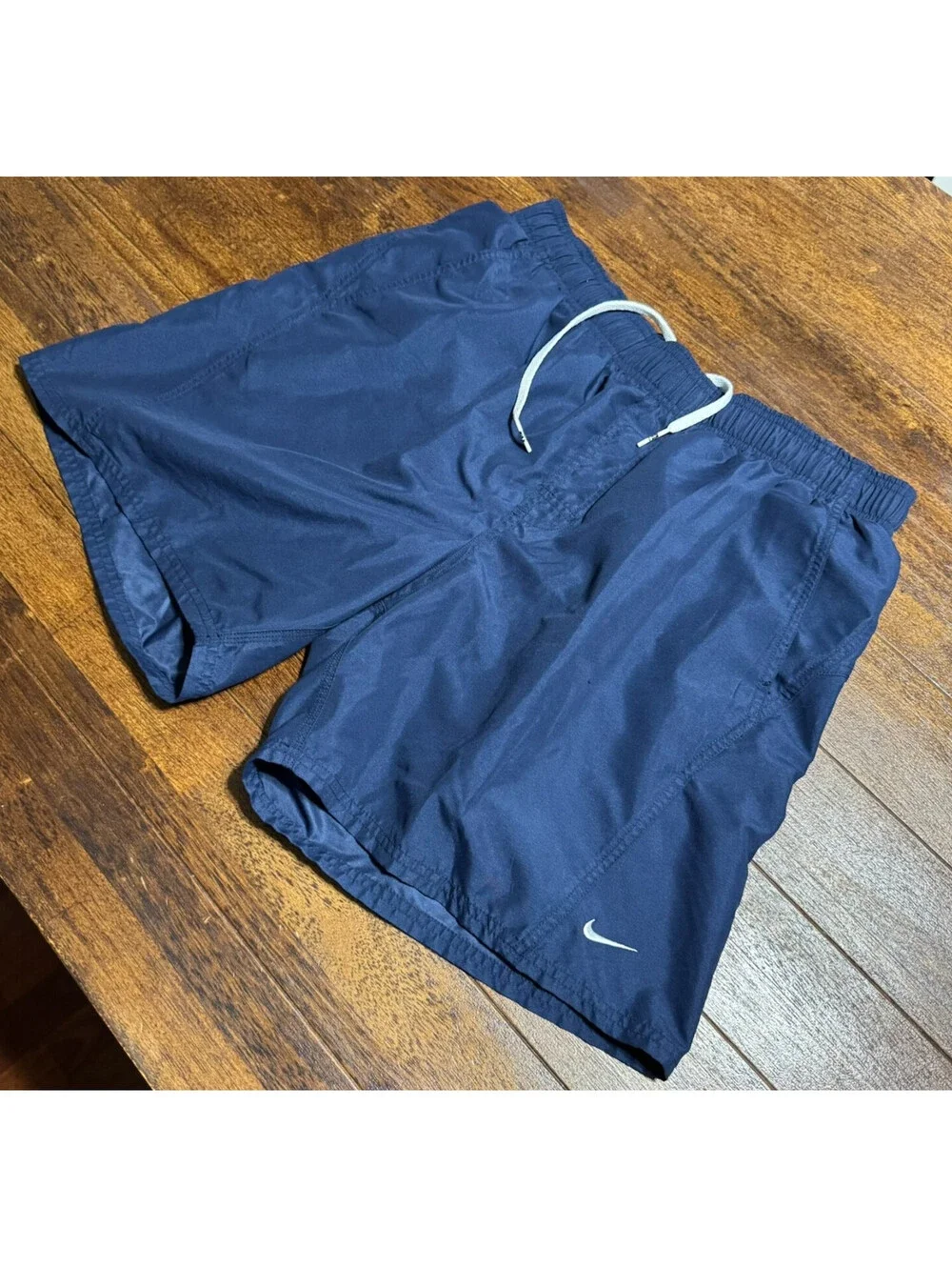 Y2K Nike Mens Swim Shorts Navy Board Shorts Mesh Lined Trunk Sz L Logo Pockets